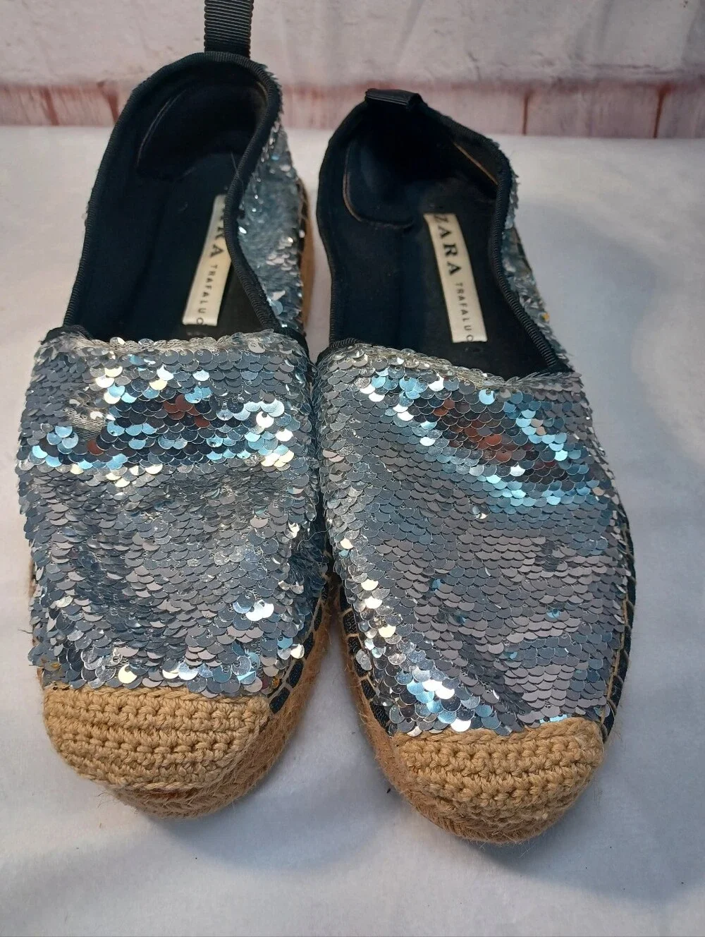 zara trafaluc silver sequin espadrille loafers flats sparkle shoes eu 38 us 7.5